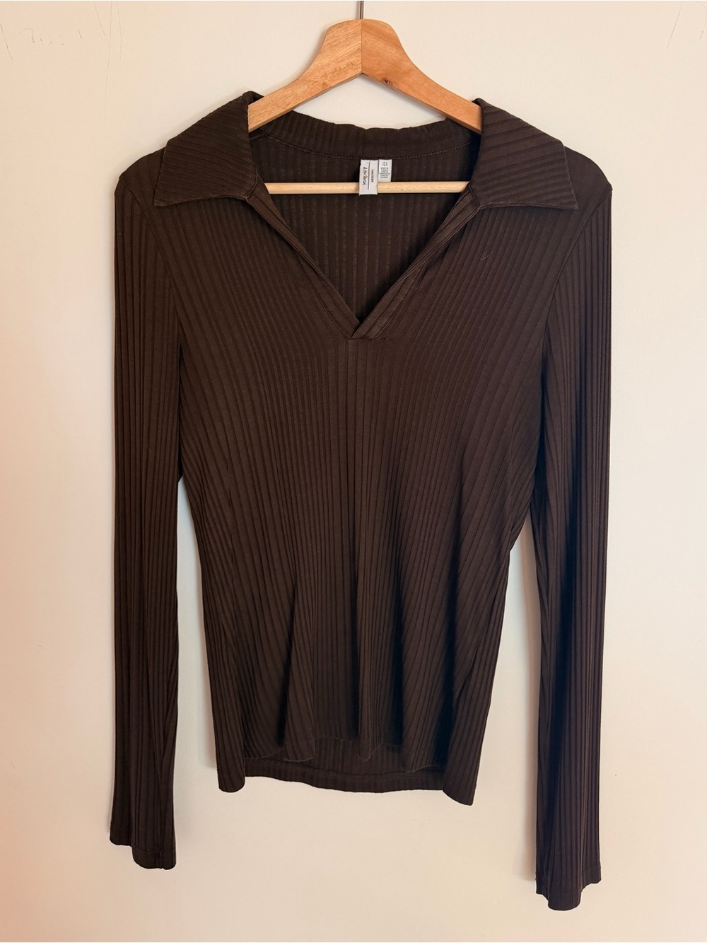 & Other Stories Ribbed Collared Long-Sleeve Top in Dark Brown